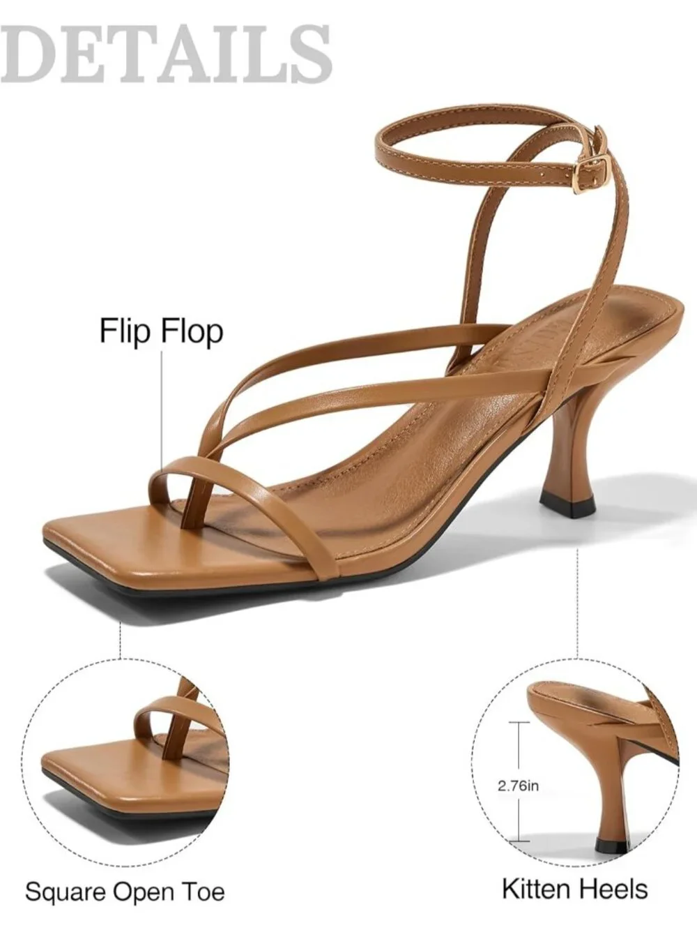 Women's Camel Lace Up Heels Sandal Square Toe Flip Flop Kitten Heel Ankle Strap